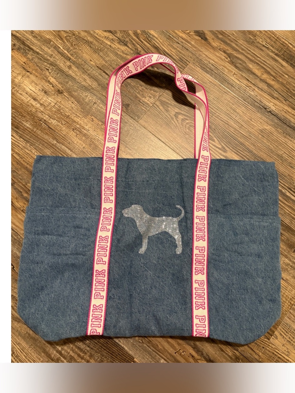 PINK bedazzled dog denim logo tote